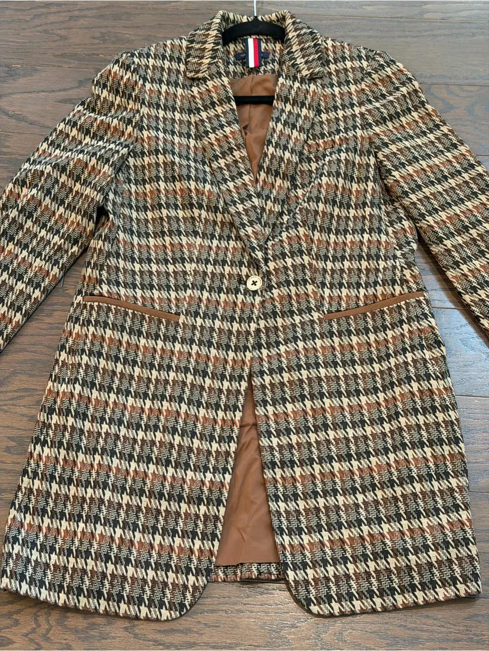 Tommy Hilfiger Houndstooth Longline Blazer Jacket Brown Faux Suede Elbow Size 10